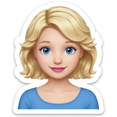 Girl Blonde short wavy hair,  blue eyes, cute blue top, long lashes, pink lips, smiling, one hand 🤷🏼‍♀️  sticker