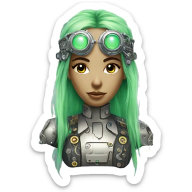 Light green long hair female cyborg head with silver steampunk headband goggles, circuits sticker