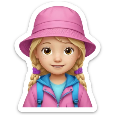 Little girl kid student, long braid blonde, wears pink bucket hat and jacket, backpack, happy sticker