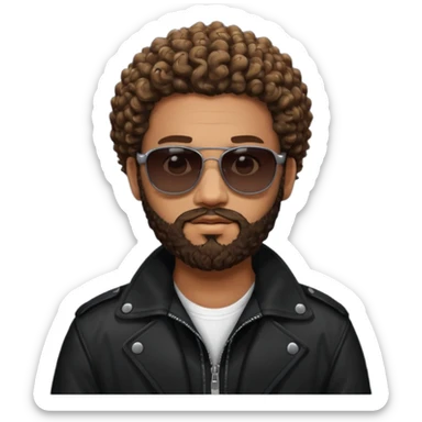 biker gang with black sunglass and rugged and bulky guy bearded curly hair black jacket one gay sticker