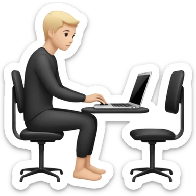 Minimalistic flat vector icon, iOS style, thin black contour on white background. Person silhouette sitting with a laptop, code brackets <> on the screen. Clean, no te sticker