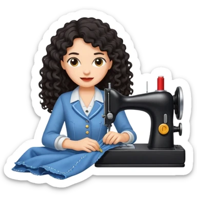 a woman with long curly dark hair sewing clothes sticker