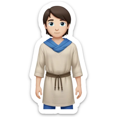 medieval spring outfit worn by a DnD themed fantasy male character. simple linen tunic with a drawstring neckline, paired with a lightweight wool shoulder wrap for mild breezes. clothes only above the waist. The clothes full waist. The character's haven't arms. character is white-skinned, dark brown hair, blue eyes, medium-length straight hair. sticker