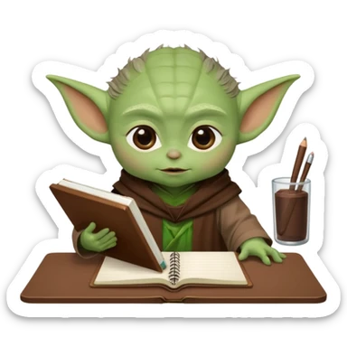 Baby Yoda con su tunica chocolate escribiendo en un cuaderno sobre un escritorio en un aula de clases sticker