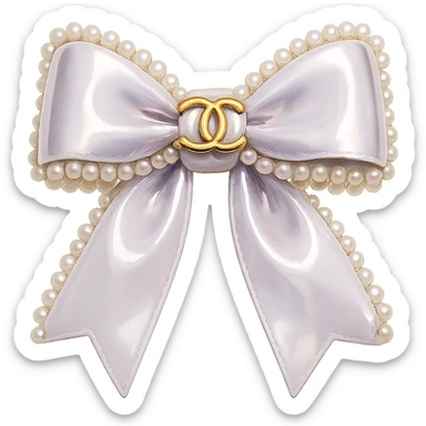 Remove the background, keep only the elegant bow with pearls and gold Chanel logo, glossy, pastel colors, realistic style, with no background. sticker
