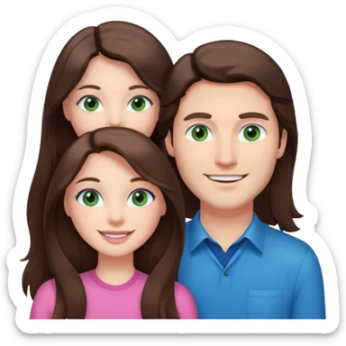 pink polaroid photo of a couple thats white with long brunette hair blue eyes and a white guy with brunette hair and green eyes sticker