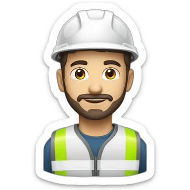 A young Turkish electrical engineer with a light beard, a white helmet and a phosphorescent protective vest sticker