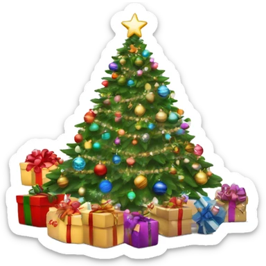 Christmas tree with lots of baubles and lights with lots of presents around the tree￼ sticker