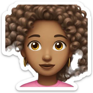 mixed girl, curly dark brown hair, pink shirt, brown eyes, gold hoop earrings sticker