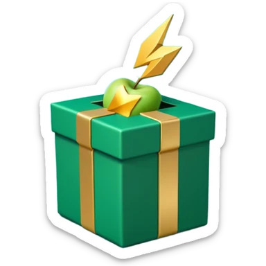 3D minimal open gift box with small floating icons coming out (envelope, lightning bolt, sparkle), matte finish, deep green (#0B3D2C) box, gold (#C9B037) icons, Apple style, ultra minimal, soft shadow, transparent background sticker