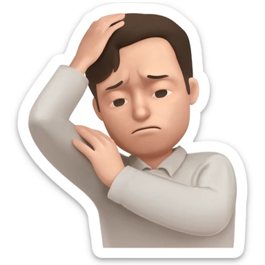 A man who is depressed with his left arm draped over the top of his head so the inside of his left elbow is on the very top of his head where hair grows from and his left hand is touching his right shoulder sticker