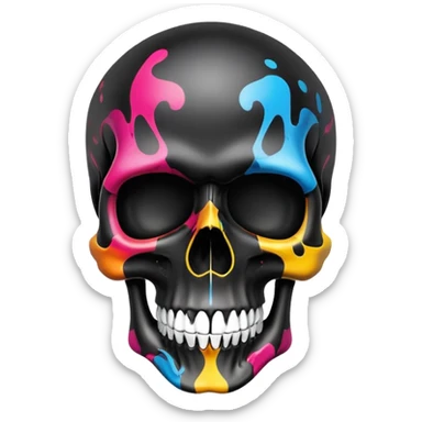 ultra premium smooth black skull with precise designer brand logo patterns, vibrant color splashes contained within skull shape, clean professional airbrush effect, front view sticker
