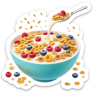 Cinematic crunchy cereal, vibrant and colorful, splashing into a bowl of cold milk, soft glowing background, dynamic movement, playful and inviting, nostalgic and fun. sticker