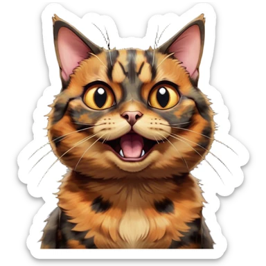 Cinematic Comical Tortoiseshell Cat Portrait Emoji, Head cocked dramatically with an over-the-top shocked expression, featuring a rich mottled fur of browns and blacks and wide, comically animated eyes full of playful disbelief, simplified yet hilariously detailed, glowing with a bold, sassy radiance, high shine, exuding a mischievous and spirited charm, styled with a soft glowing outline, capturing the essence of a tortoiseshell cat that appears ready to burst into comical antics! sticker