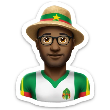 Africain d'environ 30 ans avec le maillot du Cameroun avec des lunettes et un chapeau sticker