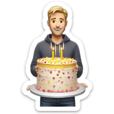 A White man offering a huge birthday cake sticker