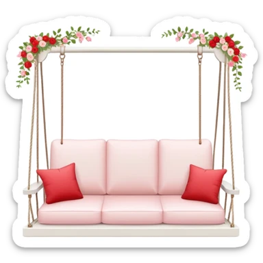 Romantic white wooden pastel-red cushions couch-swing with tiny flowers around sticker