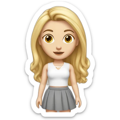 realistic caucasian female, long straight blonde hair, white lace up crop top, grey mini skirt, body view sticker