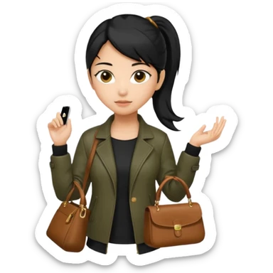 A girl with a pony tail black hair and olive ish skin, Asian eyes, with a black jacket and a brown purse  sticker