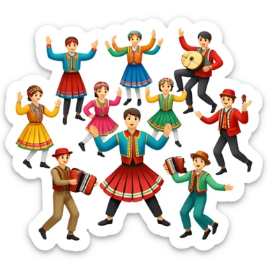 Humanless Icon for Folk Dance: traditional dance shoes, colorful folk costumes, and a dance circle with ribbons and musical instruments like a tambourine or accordion. The icon should represent the vibrant and cultural aspects of folk dancing. Transparent background. sticker