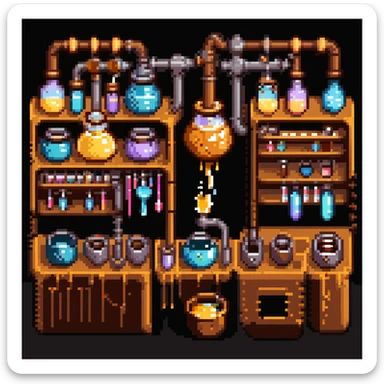 Ein Bäcker mit einem Labor aus Zuckerglas, Karamellrohren und Honigflüssigkeiten. Die Umgebung wirkt wie ein süßes Steampunk-Labor. Interface-Elemente imitieren klebrige Texturen, mit tropfenden Effekten und glänzenden Bonbonfarben sticker