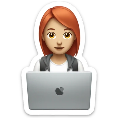 white asian girl red hair with laptop sticker