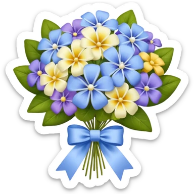 Periwinkle bouquet with assorted flowers, tied with a white bow sticker
