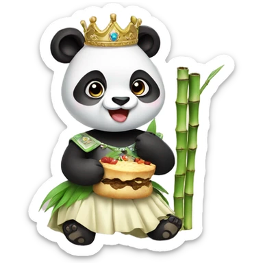 panda with skirt and princesa crown eating a bamboo sticker