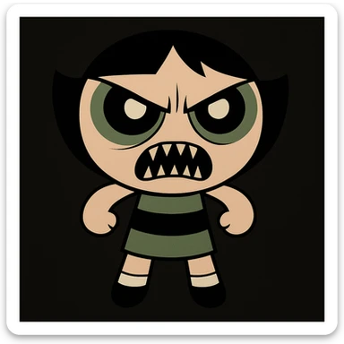 Make Buttercup from Powerpuff Girls scary like the reference, with a menacing face, sharp teeth, intense eyes, but keep her signature green dress and short hair, cartoon style, black background. sticker
