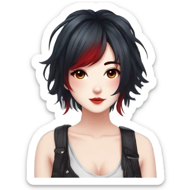 Gorgeous anime style lady with blushing face aesthetic and pretty edgy black red punk hair with hair garment trending style sticker
