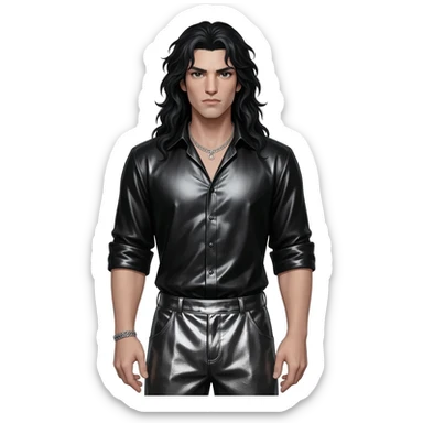Hades from Greek Mythology with black eyes, long black hair, black metallic shirt, charcoal metallic baggy pants, silver necklace sticker