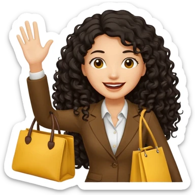medium deep tan brown business woman with long black curly hair, waving hand with happy face with smile mouth and carrying bag on her shoulder and the other hand holding yellow tumblr sticker