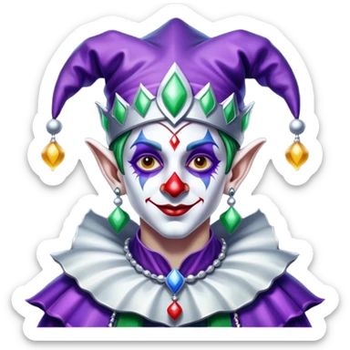 Full view, Cinematic and Ultra realistic 32k HD hauntingly beautiful jester with Balanced features, highly detailed, glowing with silver light, high shine, remembrance, a painting of white silver, fanciful, enchanting. The image is so lifelike it could leap off the canvas at any moment sticker