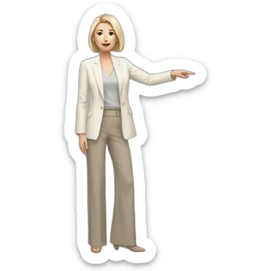 Full height Actively gesturing with hands pale skin woman with ash blonde Straightened bob Hair, White Spacious classical jacket, beige palazzo Arrow pants and gray blouse sticker