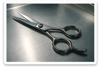 A set of professional barber scissors lies on a stainless steel workbench, gleaming under the bright lights. The blades are sharp and precise, with smooth handles showing signs of frequent use, ready for the next cut sticker