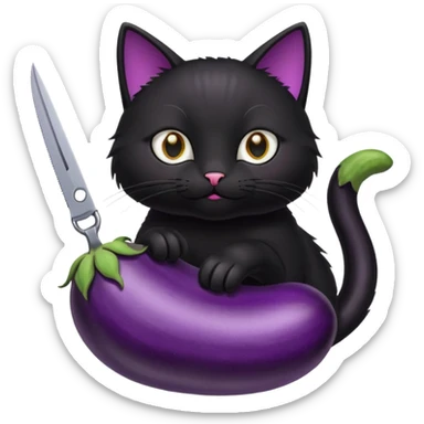 A black cat with scissors cutting an egg plant￼ sticker
