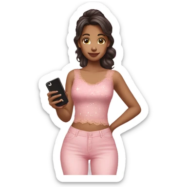 brown yellowish girl in a pink lace top holding a phone with a black case with white stars on it sticker