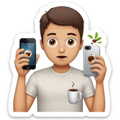 clumsy ordinary guy in classic emoji style, round head, huge shiny eyes, small mouth, awkward expression, spilled coffee on shirt, holding broken phone, thick black outline, flat vibrant colors, Apple emoji aesthetic, white background, very simple and cute sticker