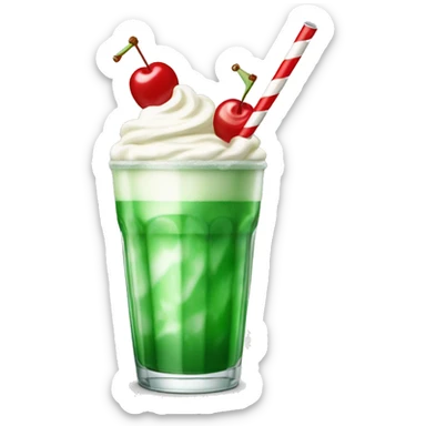 soft green soda drink with cream and cherry on top, red and white striped straw in glass sticker