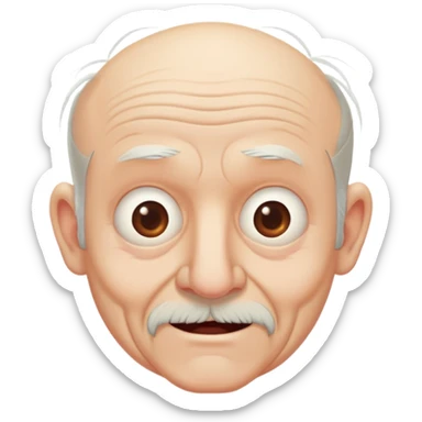an old balding man with a few straggly hairs ontop with gingivitis sticker