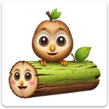 caricature of a smiling wooden log with big eyes, small bird perched on top, apple emoji style, white background, cute and colorful sticker