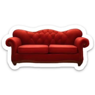 Red vintage-style sofa in Central Perk, soft velvet, worn look, cozy and inviting sticker