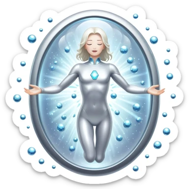 Silver capsule levitating among bright shining particles, with a translucent shield floating over an ethereal immune defense figure and a radiant thyroid gland in the background sticker