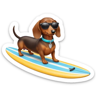 A dachshund riding a surf board with sunglasses  sticker
