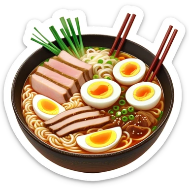 Cinematic Realistic Ramen Dish Emoji, showcasing a steaming bowl of rich broth with noodles and toppings rendered with dynamic textures and inviting, warm lighting. sticker