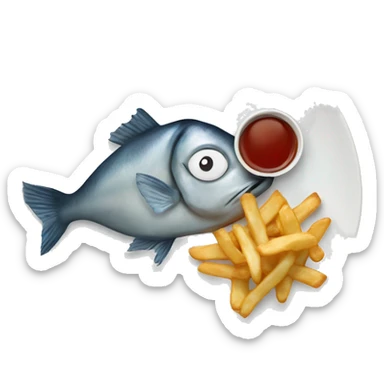 fish and chips on the plate. the ketcups are on the middle of the plate with no real eyes sticker