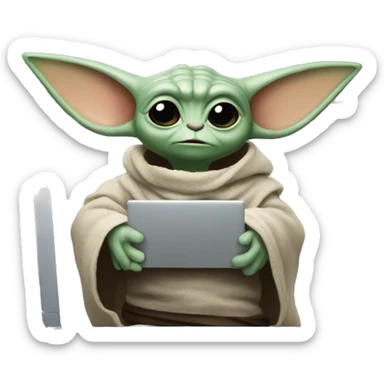 Grogu from Star Wars with a laptop sticker