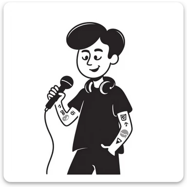 pop musician with stylish short beard, sleeve tattoos, headphones around neck, enthusiastic smile, gripping microphone with left hand and pencil with right hand sticker