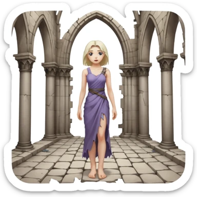 Female figure standing barefoot in ruined cathedral, dress slipping from shoulder sticker