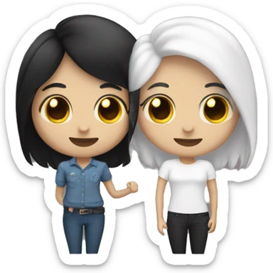 A lesbian couple with white skin and long black hair flirting sticker